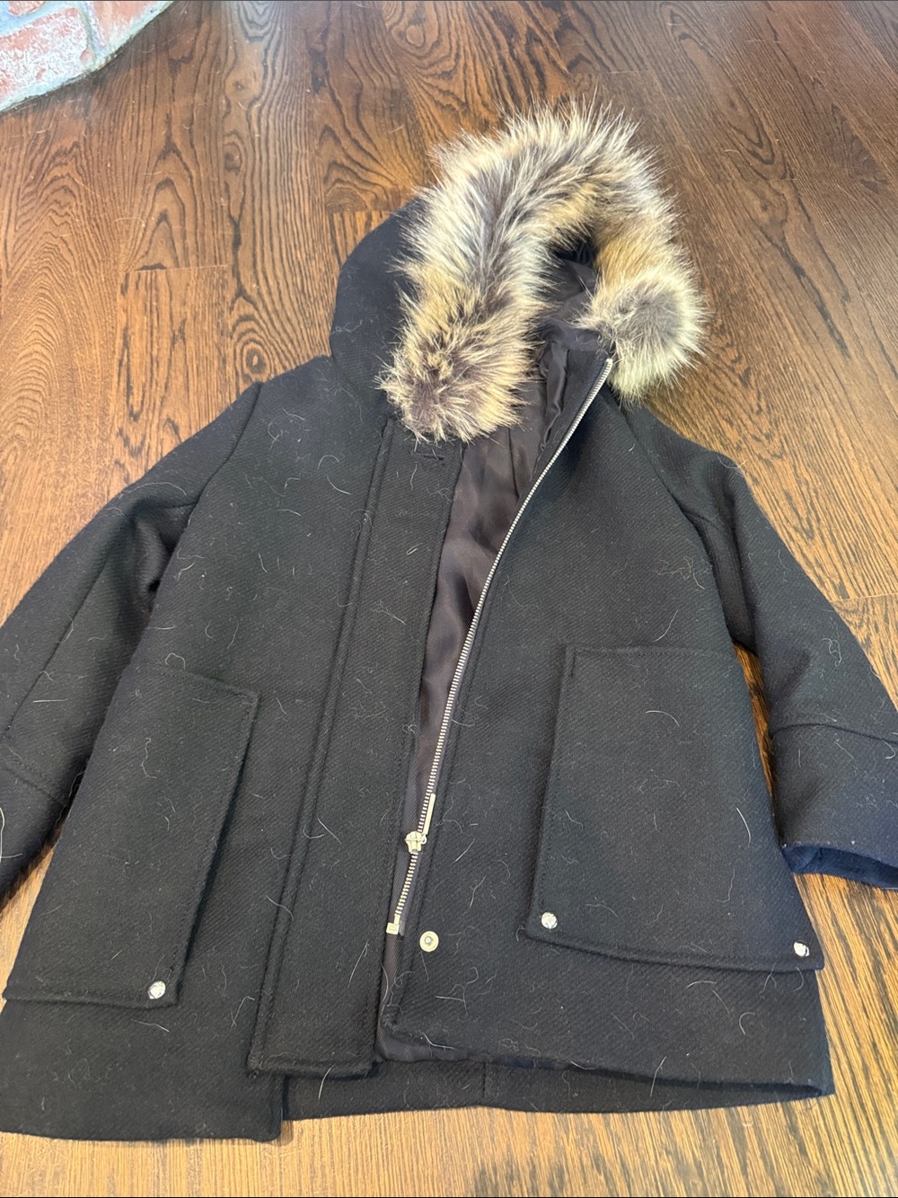 Kids Black / dark navy Hooded Wool-Blend Coat with Faux-Fur Trim